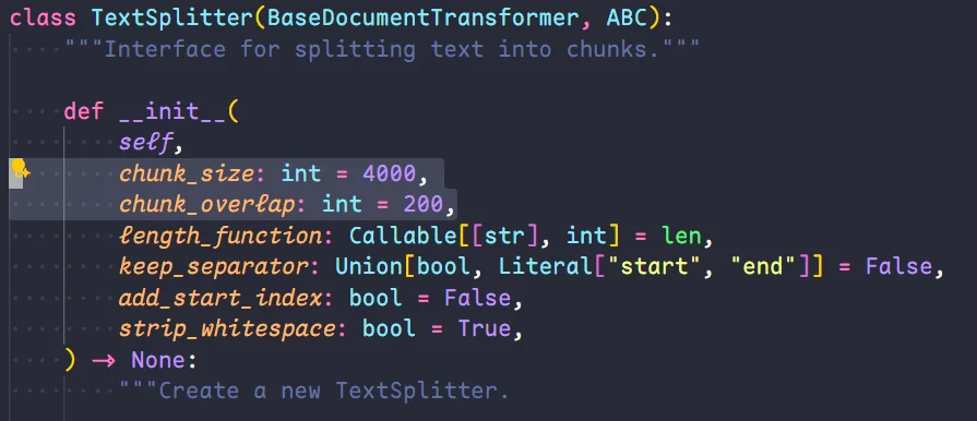 TextSplitter的源码定义，可以看到chunk_size和chunk_overlap的默认值
